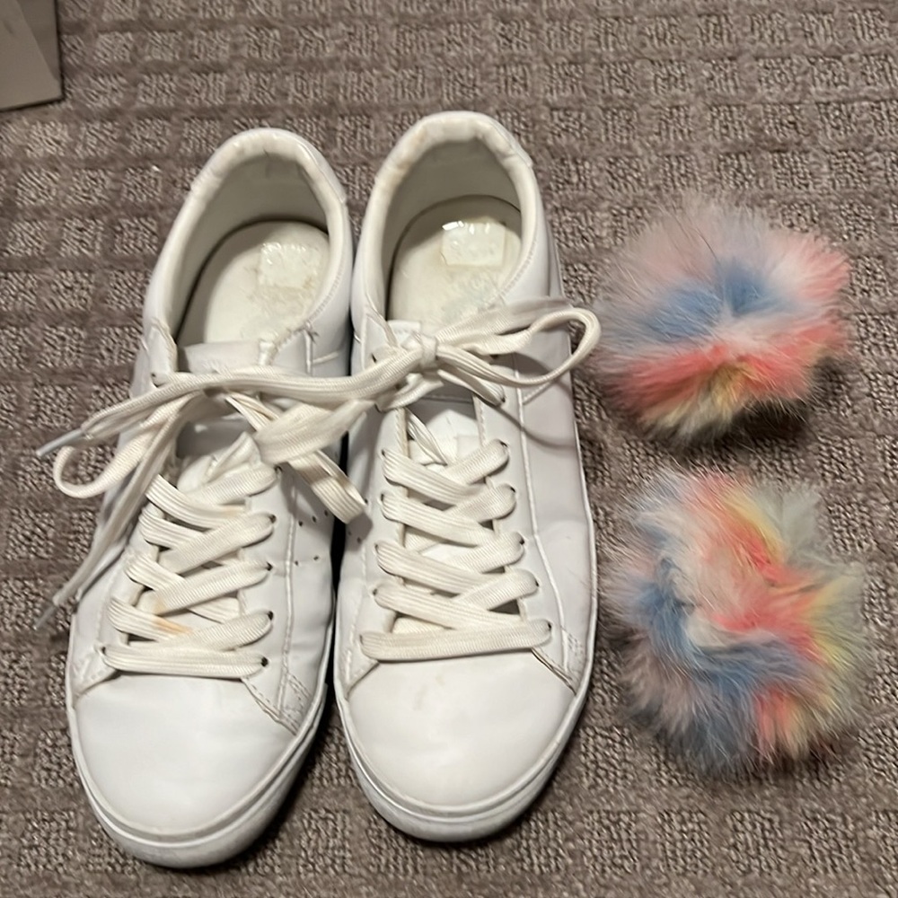 Pony White Low Tops - Women’s Size 9.  Removable Fur Poms Included!
